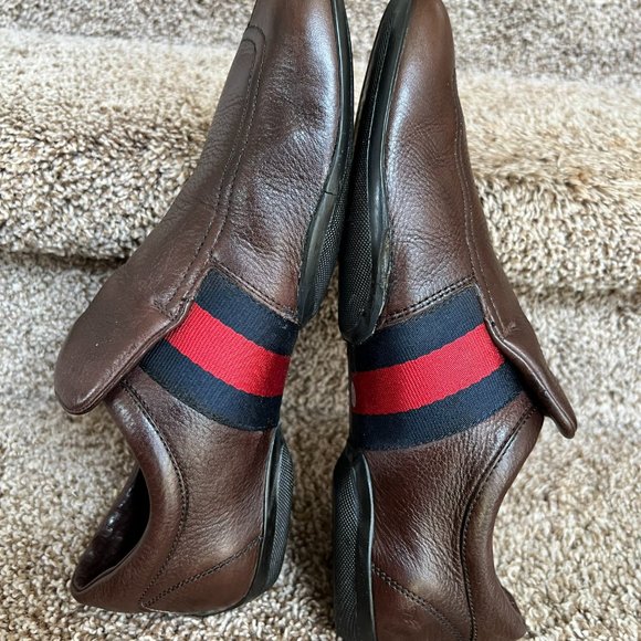Gucci Men\'s Brown Leather Fabric Stripe Trim Shoes main image 14